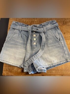 American Eagle High-Rise Light Blue Denim Paper Bag Tie-Waist Shorts